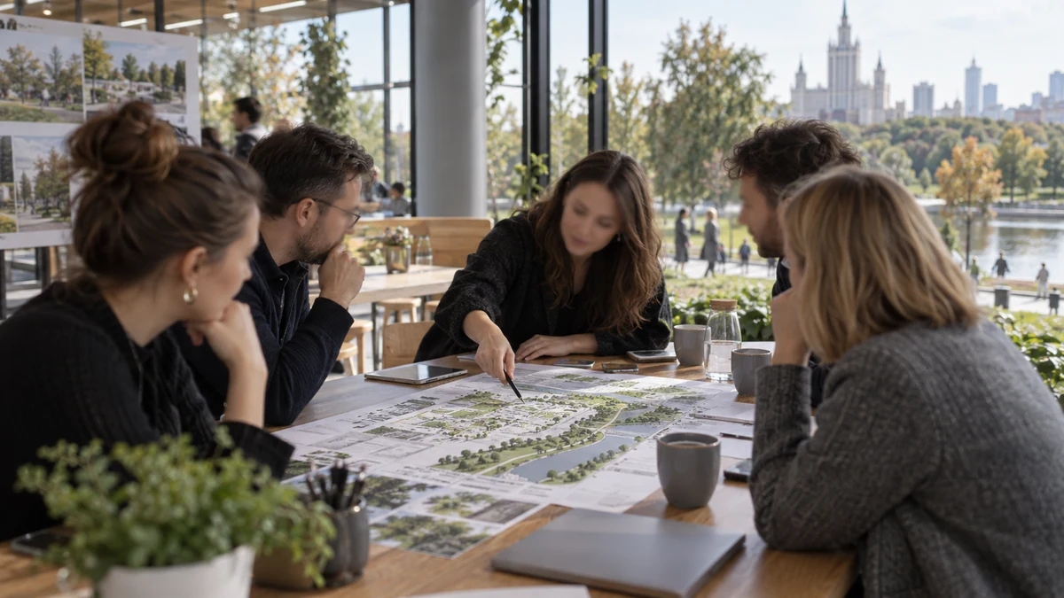 Жители обсуждают идею благоустройства за столом в современном московском общественном пространстве