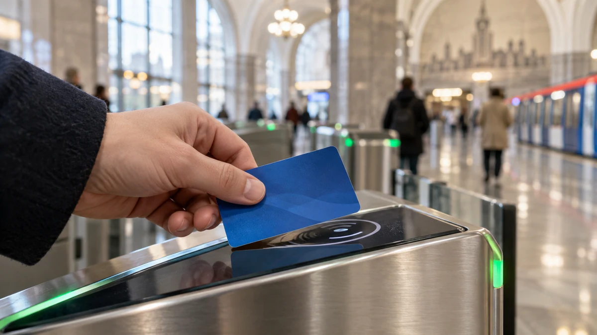 Карта Тройка в руке пассажира на фоне современного московского метро