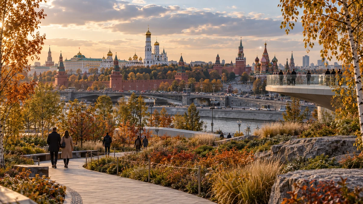 Осенний ландшафт парка Зарядье с видом на центр Москвы