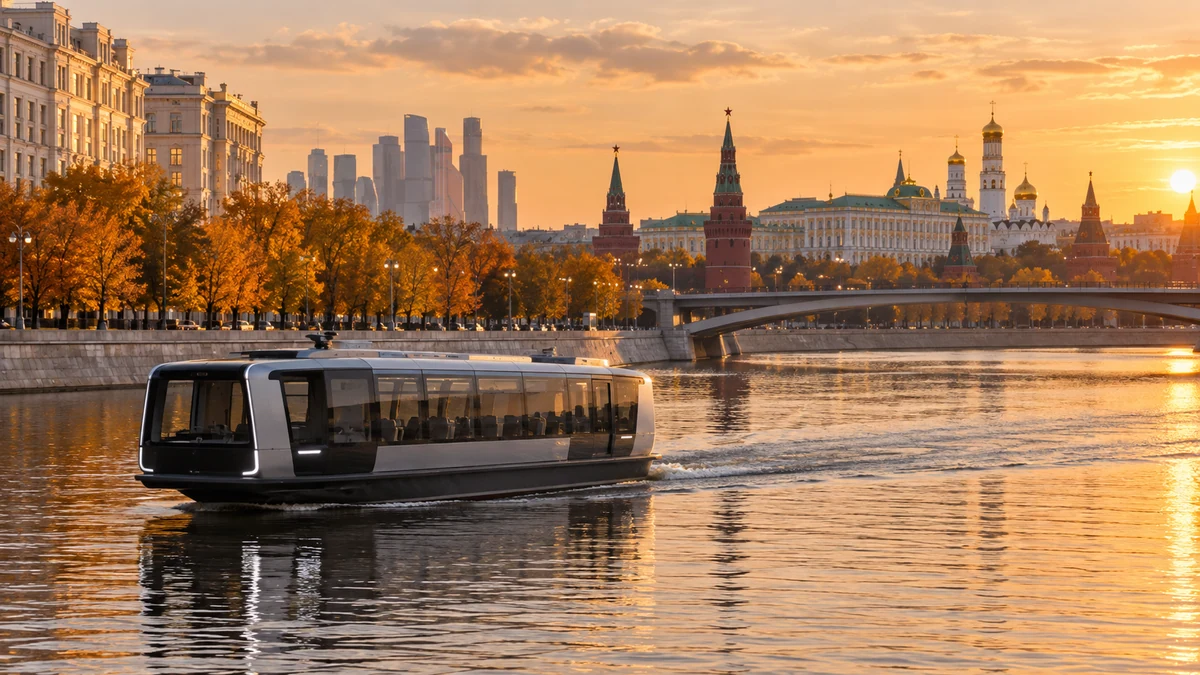Современное речное электросудно идет по Москве-реке вдоль городской набережной